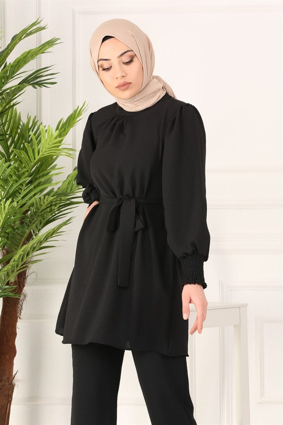 Kuşaklı Tunik Pantolon Kombin 7165 Siyah