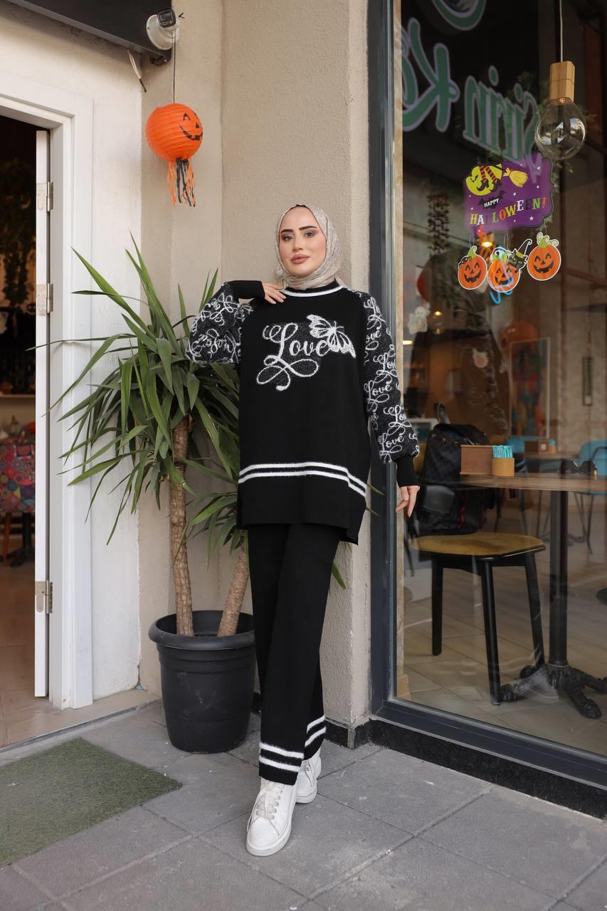 Love Yazılı Tesettür Triko Kombin 3019 Siyah