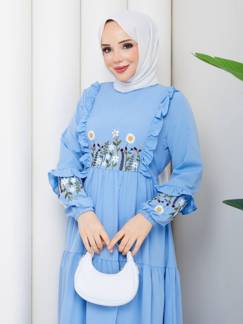 Nakış Detaylı Asel Tesettür Elbise BEBE MAVİSİ