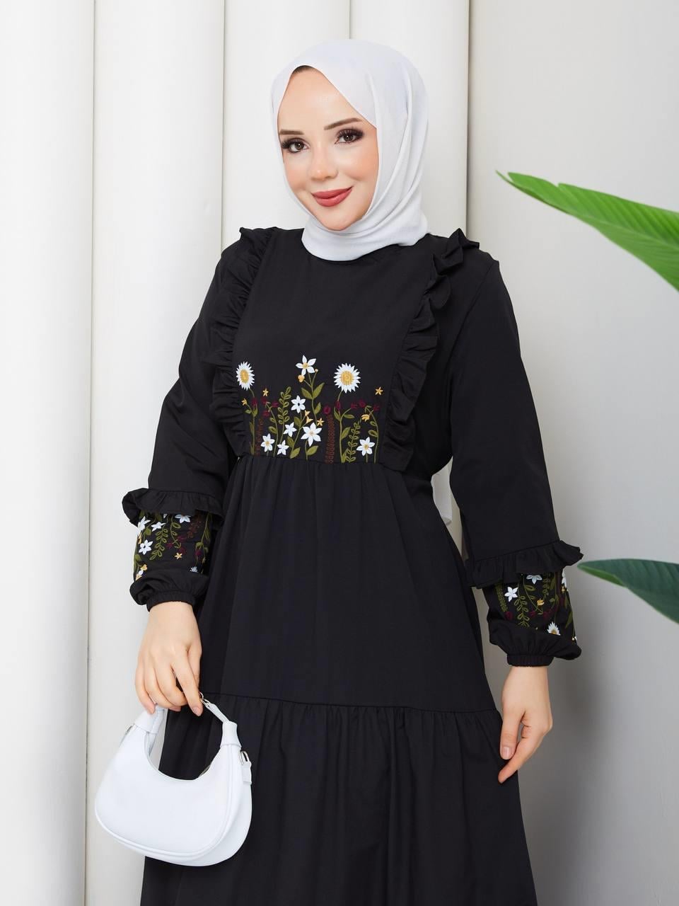 Nakışlı Tesettür Elbise 2291 Siyah