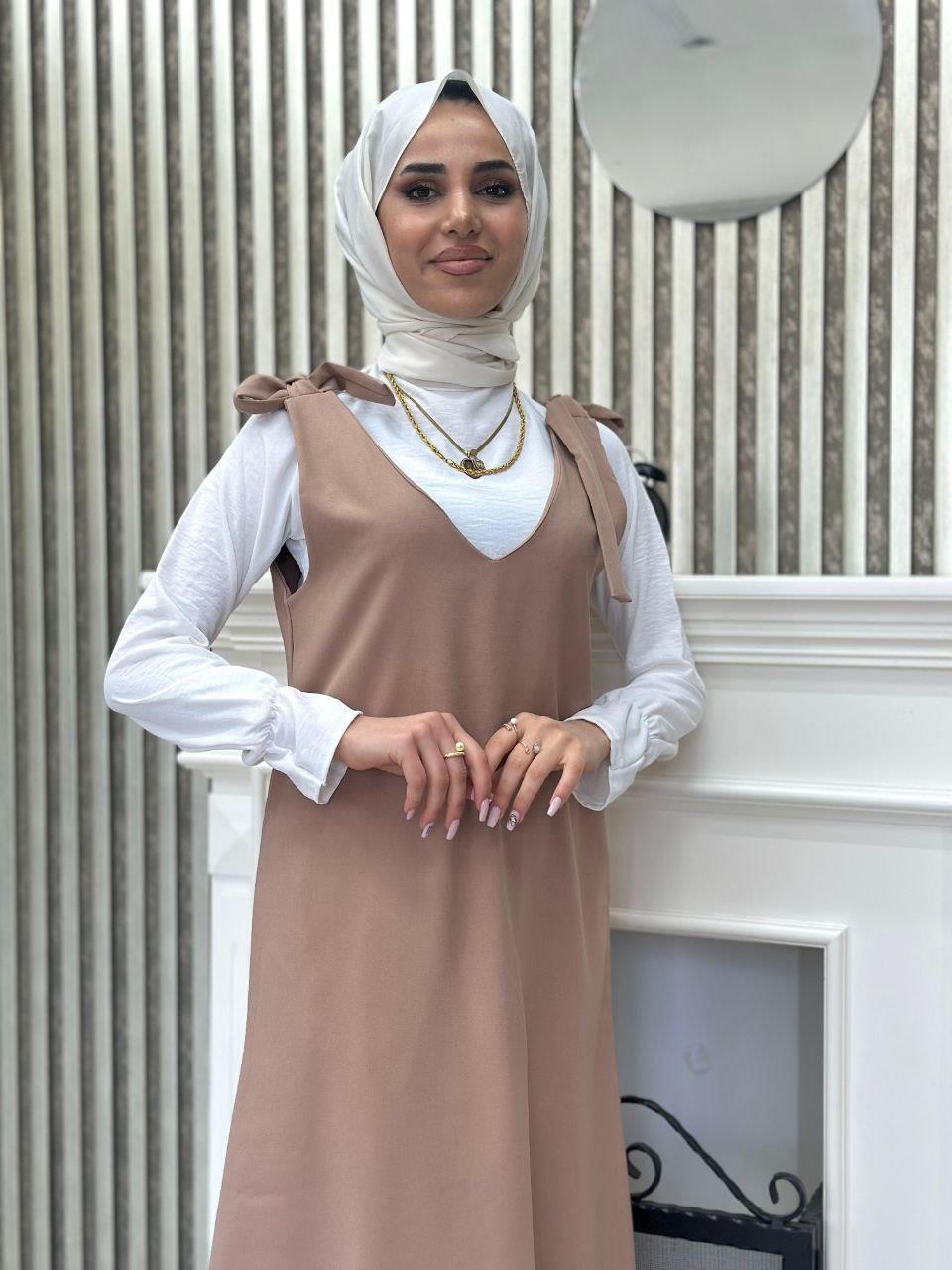 Omuzları Bağlamalı Jile Elbise 6097 Bej
