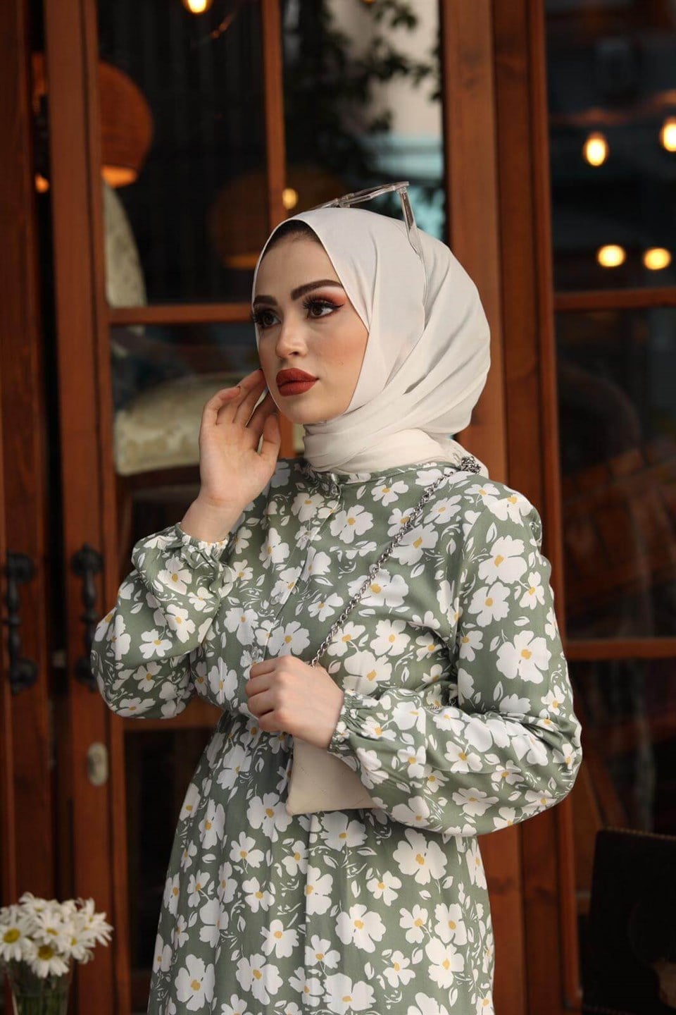 Papatya Desen Tesettür Elbise BLB 8800-15 Yeşil