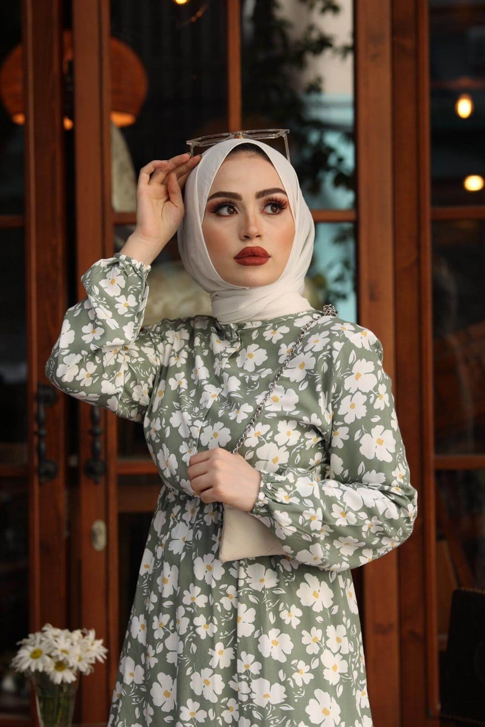 Papatya Desen Tesettür Elbise BLB 8800-15 Yeşil
