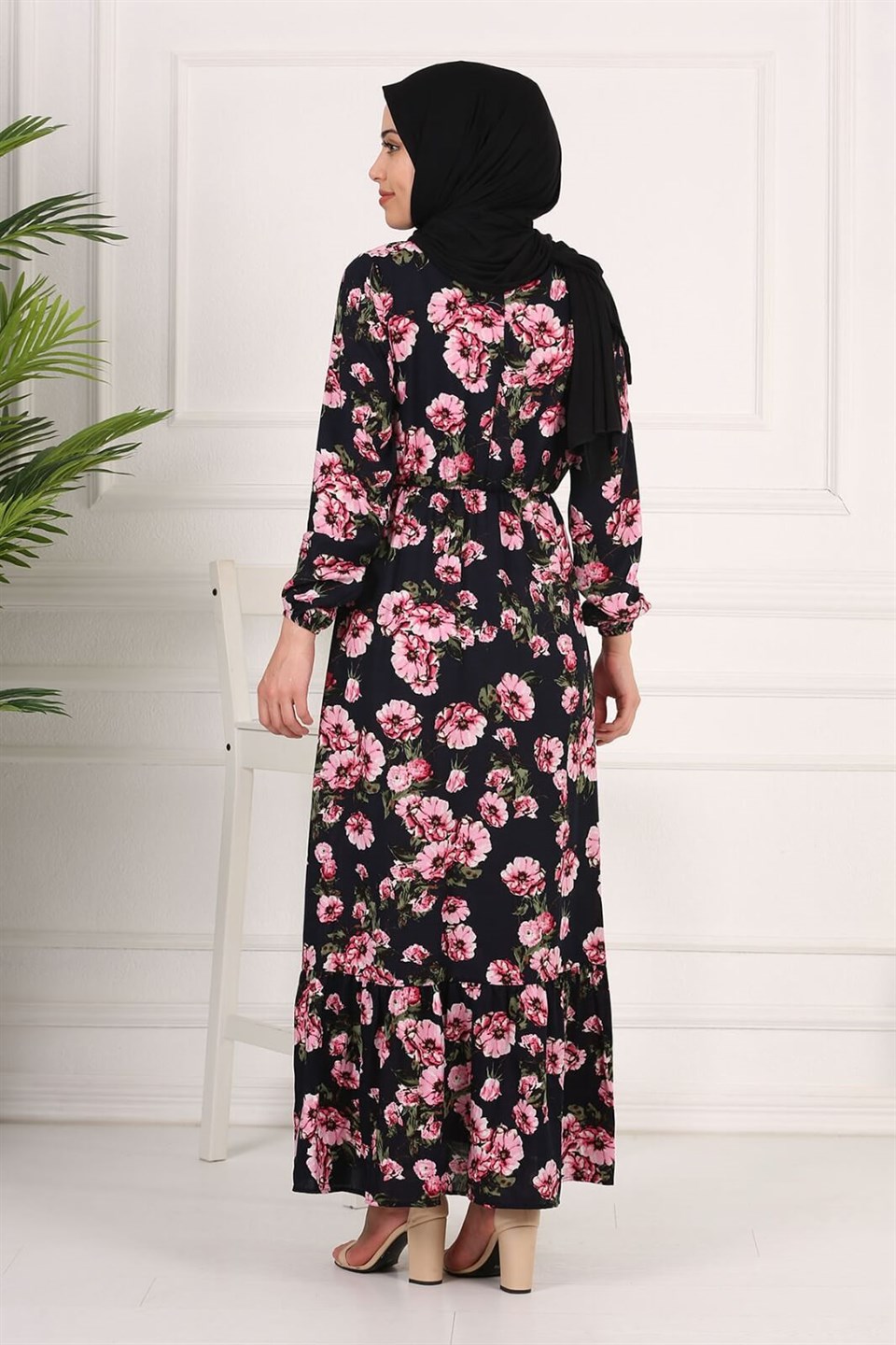 Papatya Desenli Lastikli Tesettür Elbise 10462 Lila