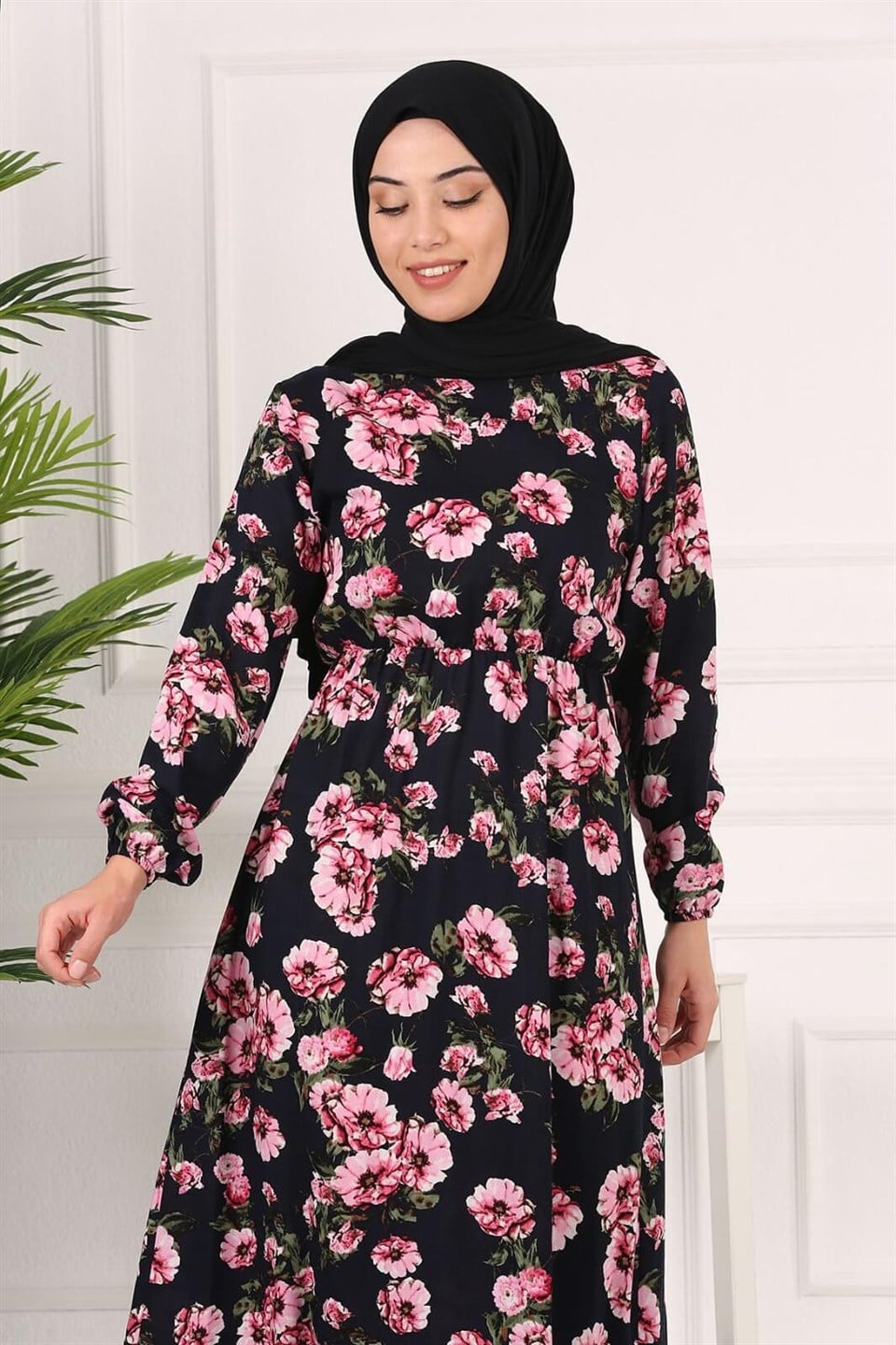 Papatya Desenli Lastikli Tesettür Elbise 10462 Lila