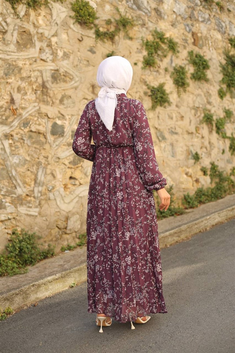 Piliseli Şifon Tesettür Elbise 2213 Mor