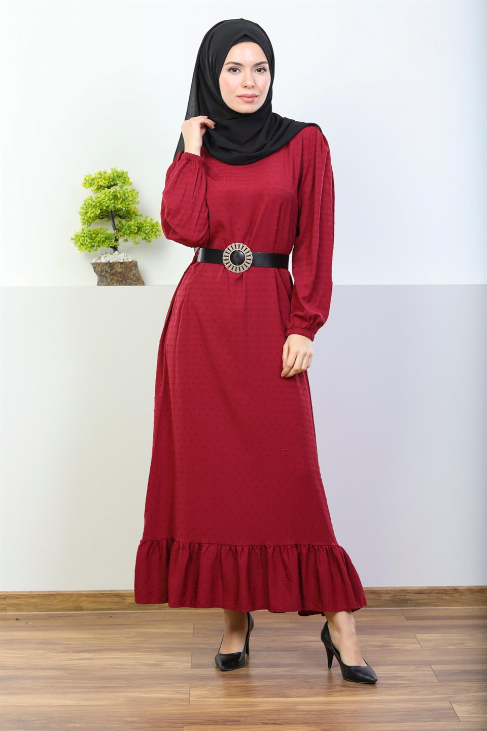 Ponponlu Viskon Tesettür Elbise 7048 Bordo