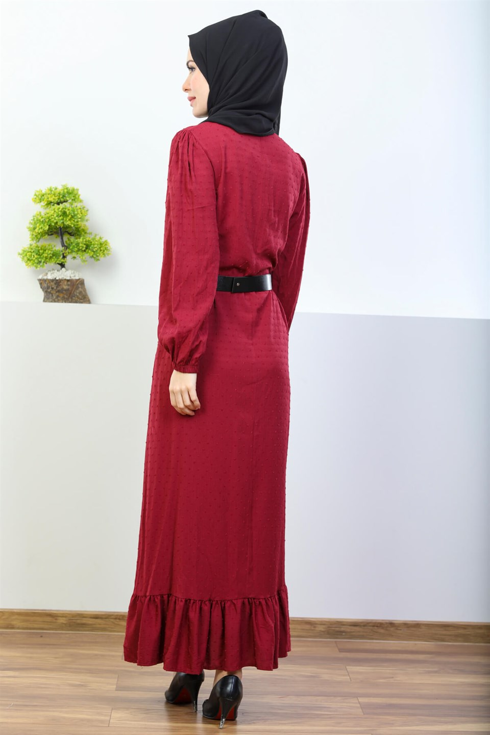 Ponponlu Viskon Tesettür Elbise 7048 Bordo