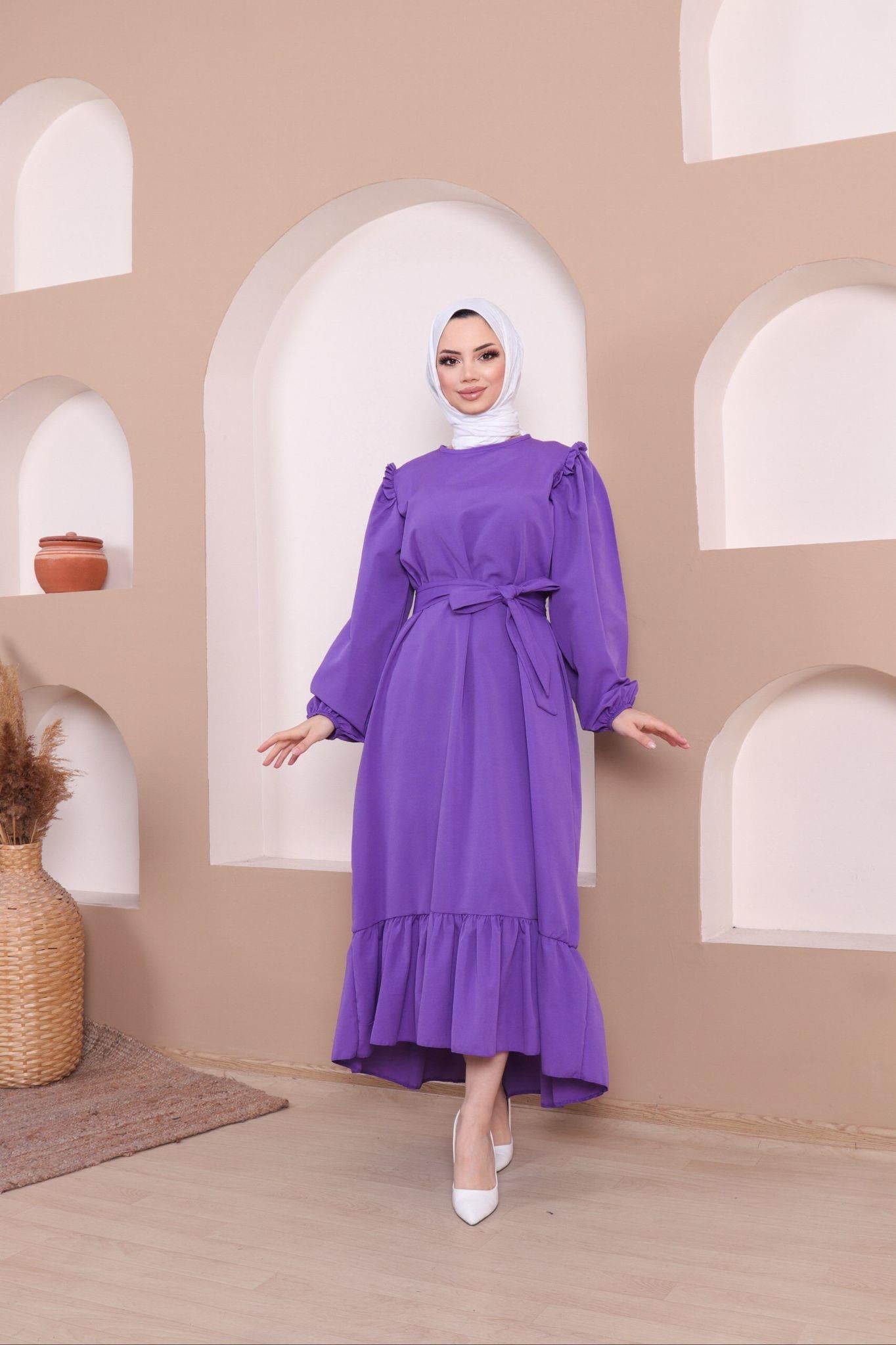 Rahat Kalıp Fırfırlı Tesettür Elbise 4013 Lila