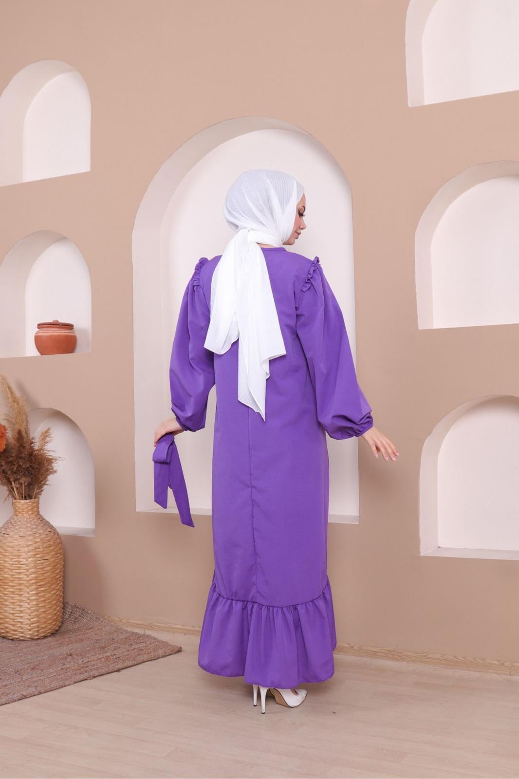 Rahat Kalıp Fırfırlı Tesettür Elbise 4013 Lila