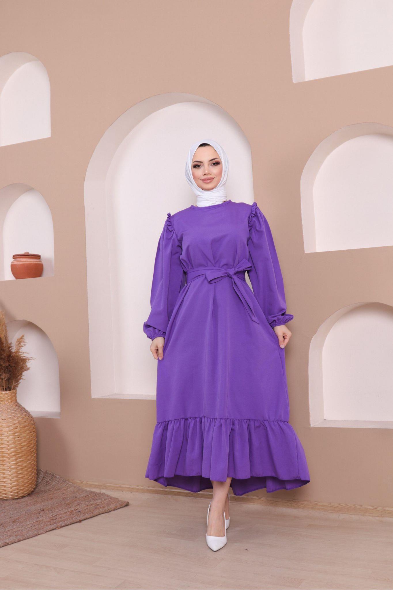 Rahat Kalıp Fırfırlı Tesettür Elbise 4013 Lila