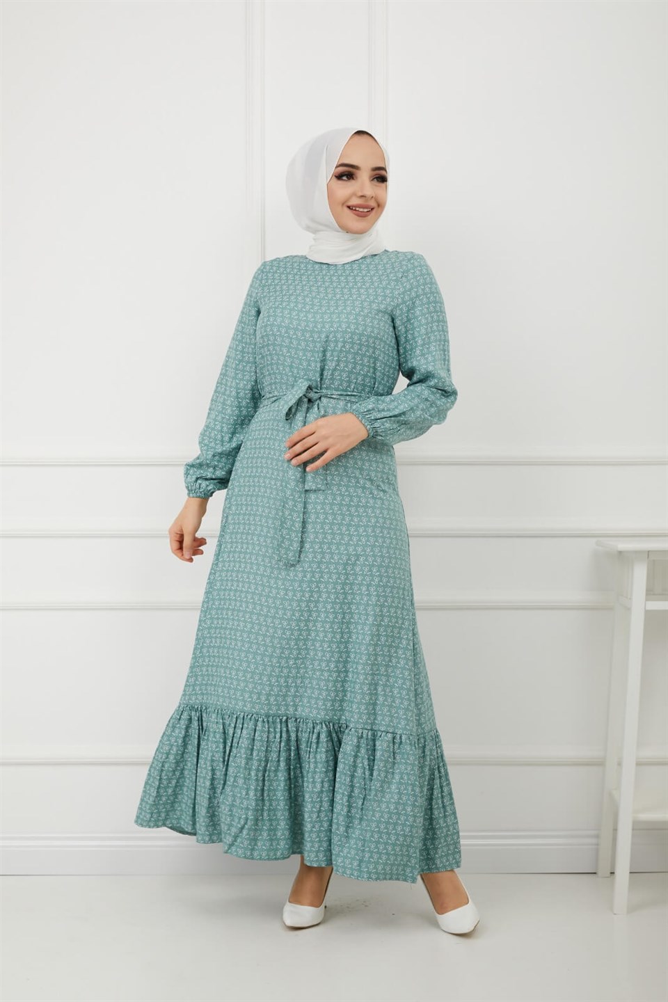 Rahat Kalıp Kuşaklı Tesettür Elbise 10265 Mint