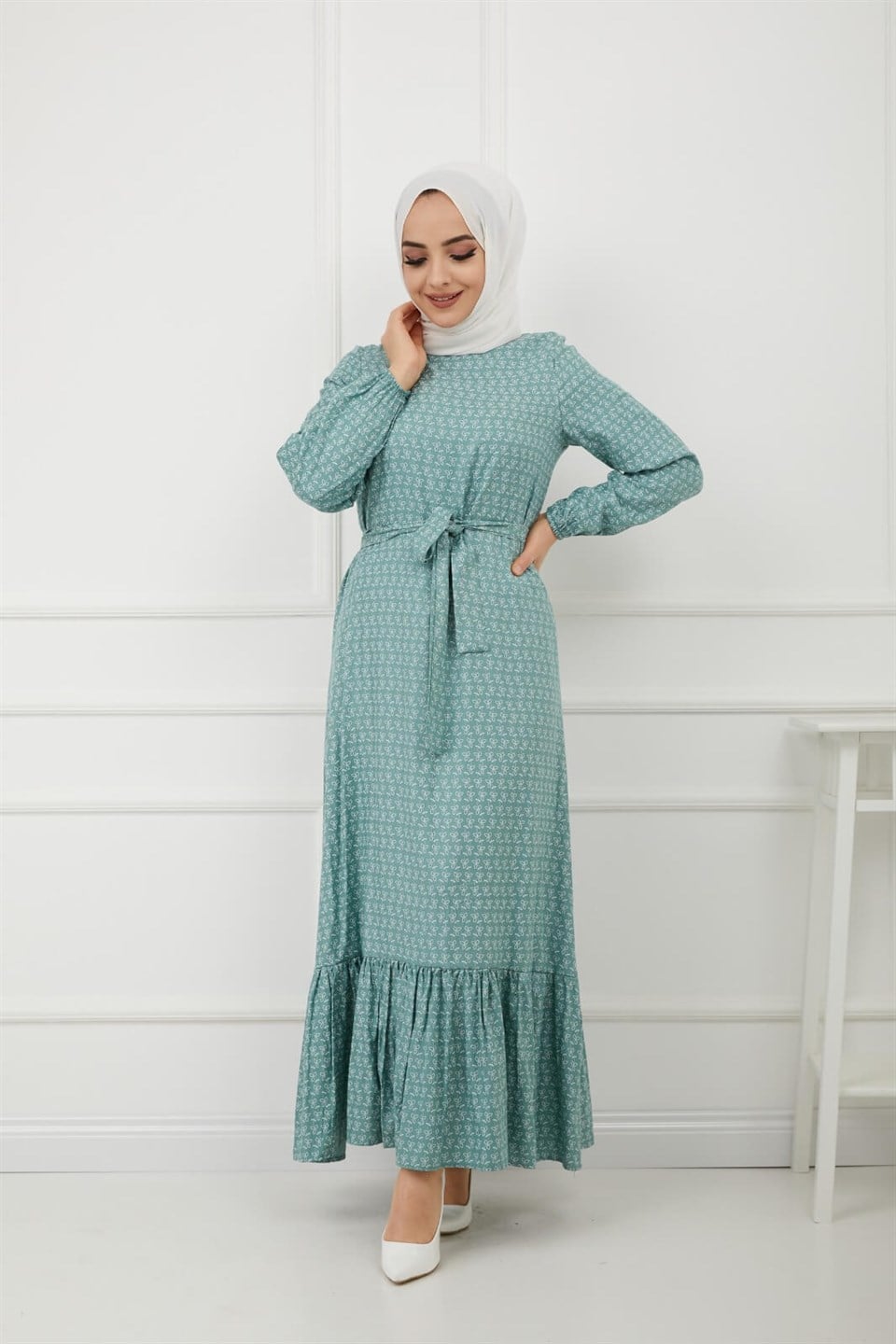 Rahat Kalıp Kuşaklı Tesettür Elbise 10265 Mint