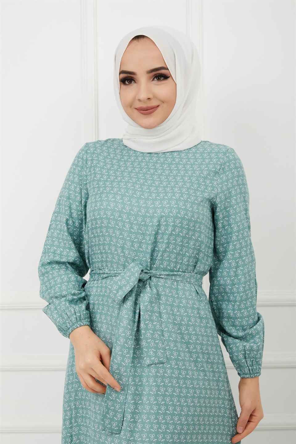 Rahat Kalıp Kuşaklı Tesettür Elbise 10265 Mint