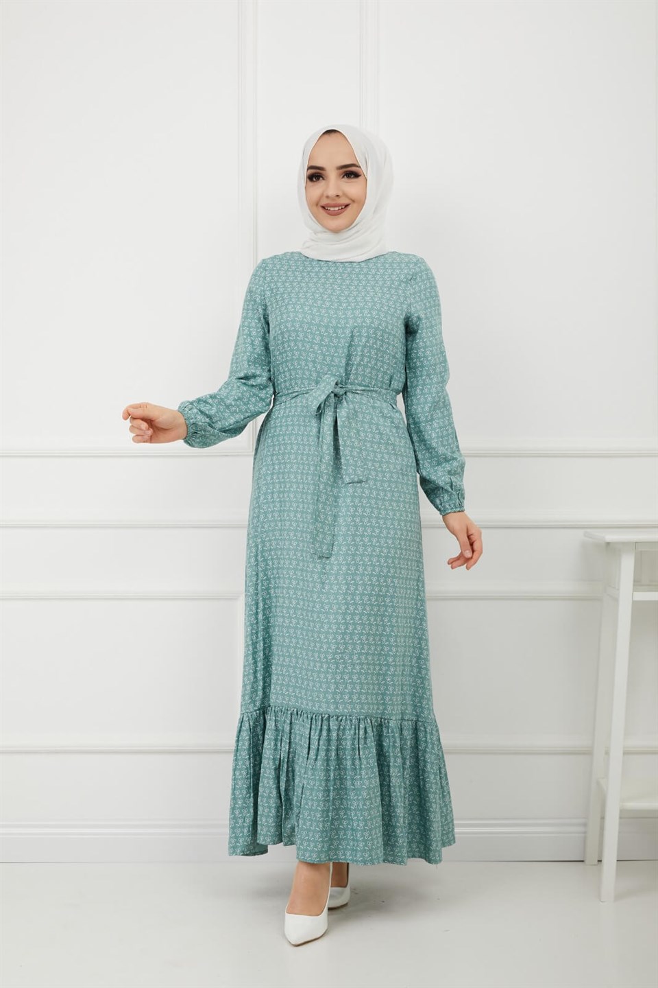 Rahat Kalıp Kuşaklı Tesettür Elbise 10265 Mint