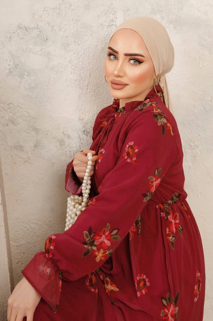Rahat Kalıp Şifon Tesettür Elbise 3025 Bordo