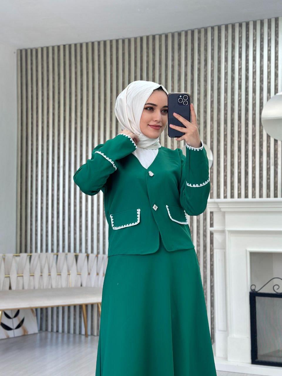Sahte Cepli Ceket Etek Kombin 6099 Zümrüt Yeşili