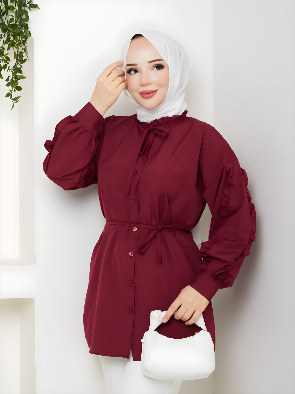 SEDA KOLU FIRFIRLI TUNİK BORDO