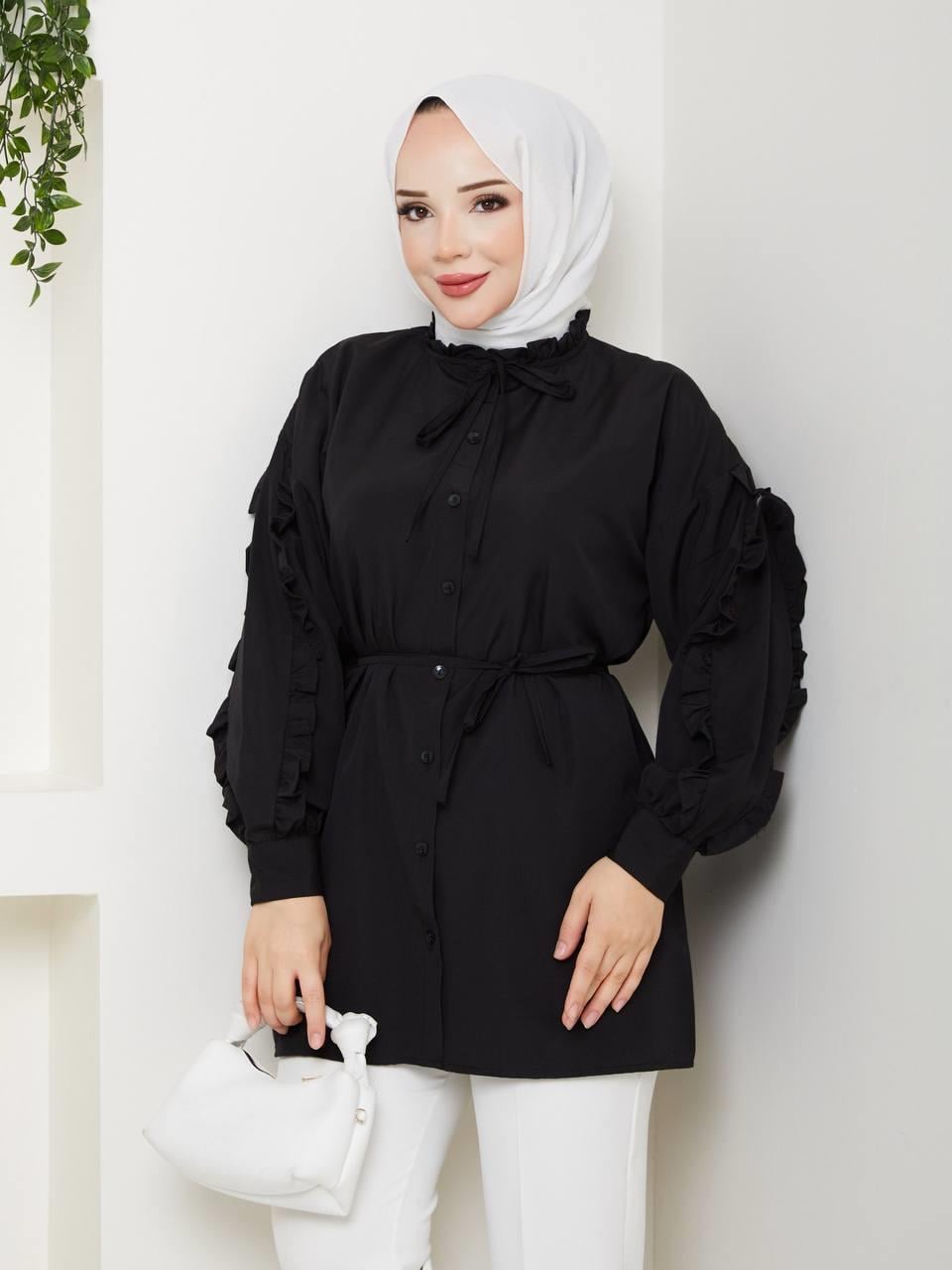 SEDA KOLU FIRFIRLI TUNİK SİYAH
