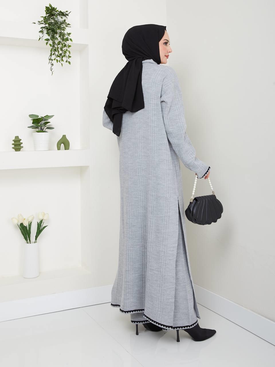 Şeritli Elbise Pantolon Tesettür Triko Kombin 2261 Gri