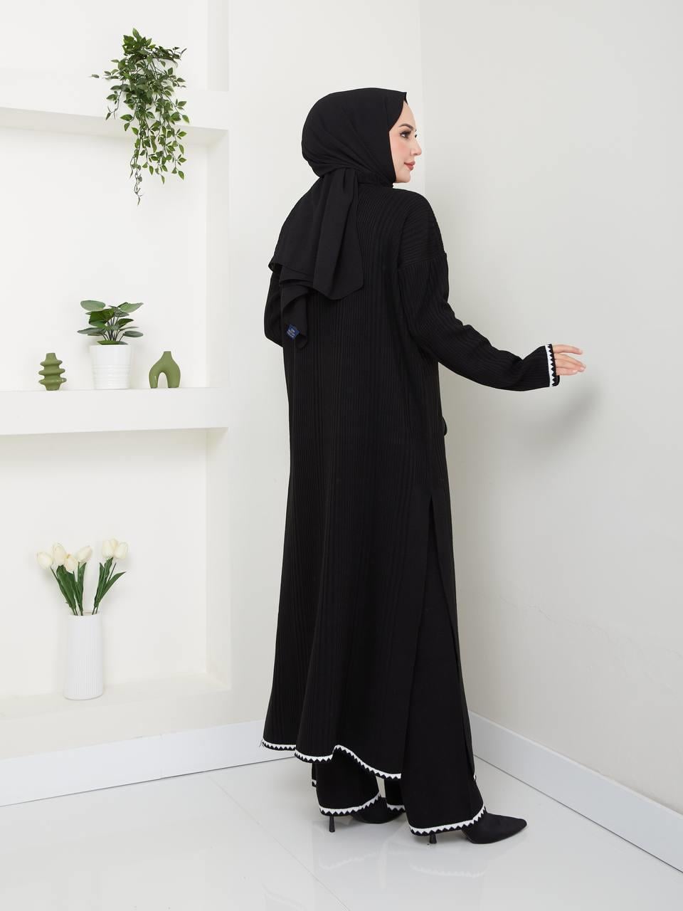 Şeritli Elbise Pantolon Tesettür Triko Kombin 2261 Siyah