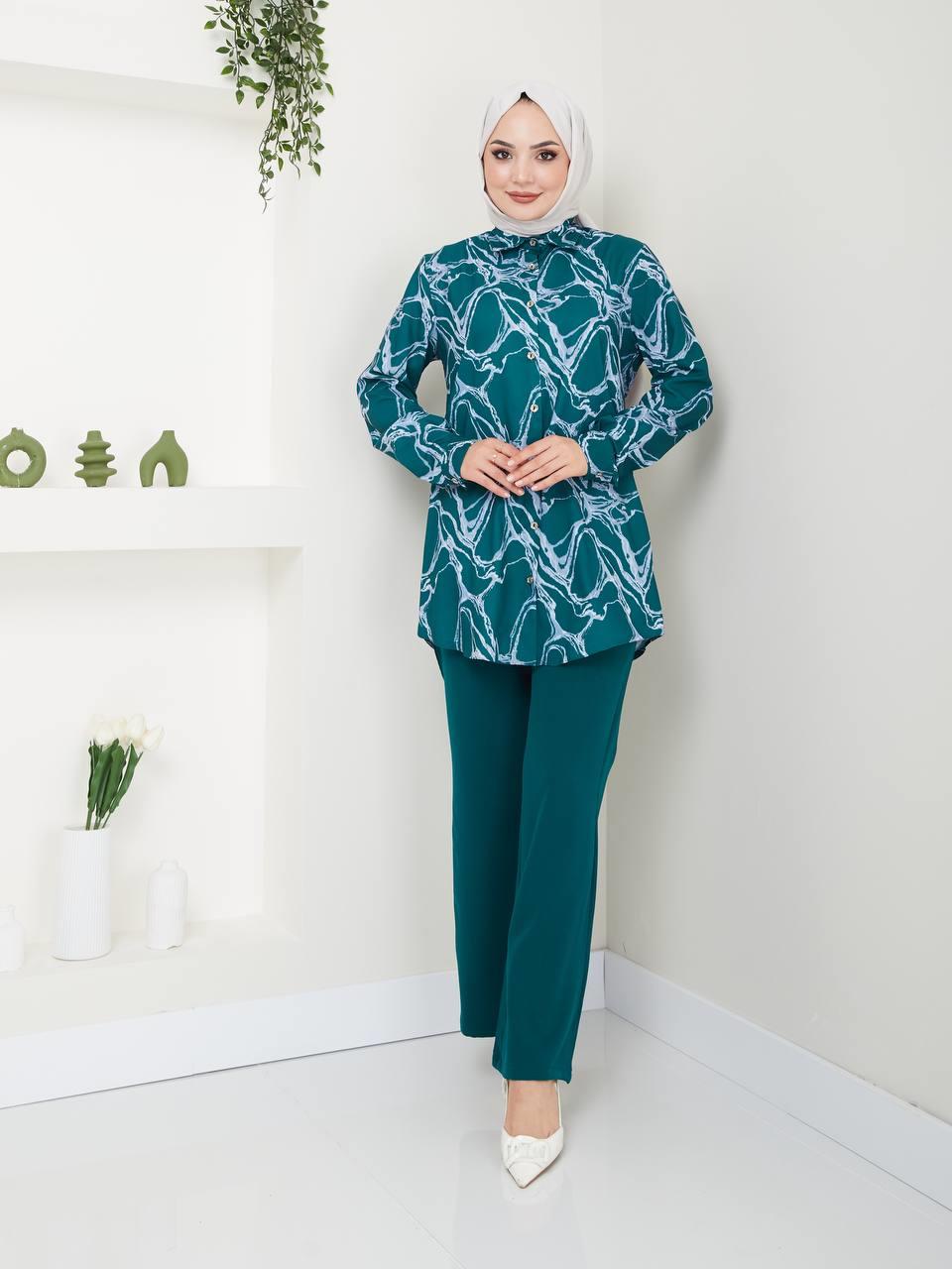 Taş Desenli Tunik Pantolon Kombin 5023 Zümrüt Yeşili