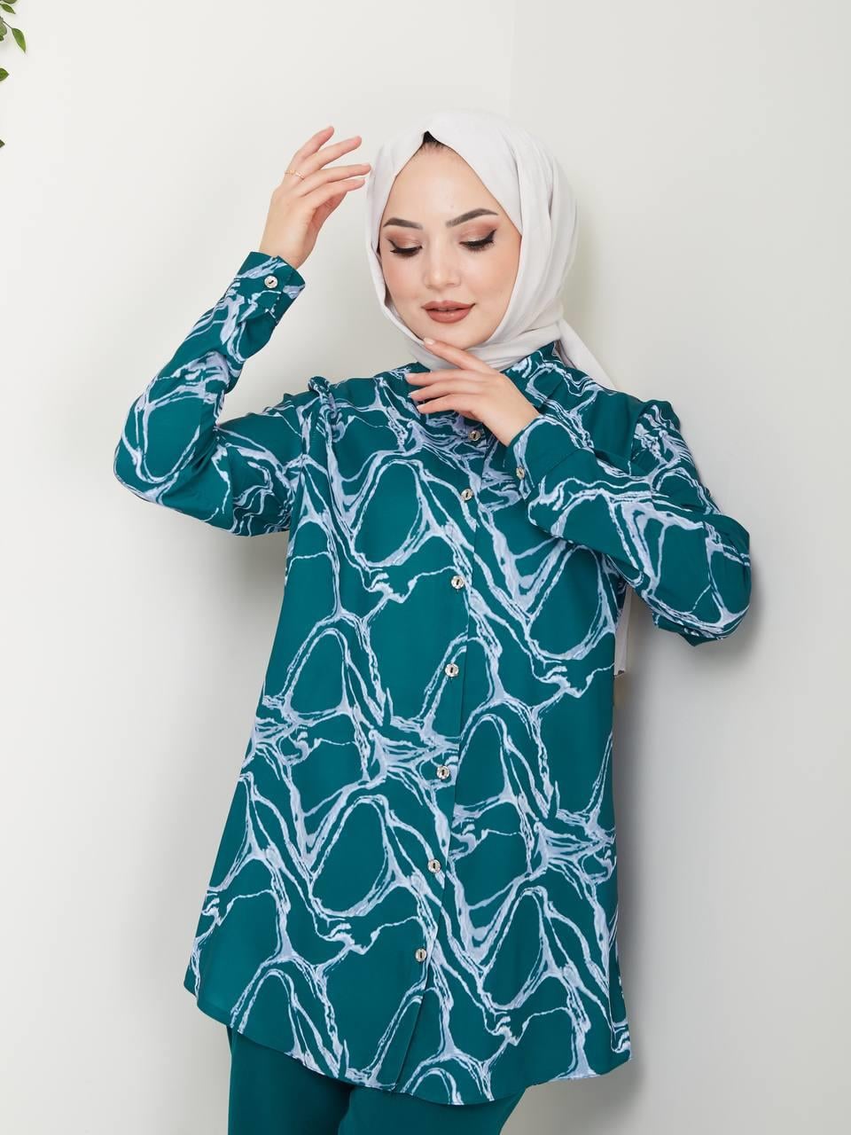 Taş Desenli Tunik Pantolon Kombin 5023 Zümrüt Yeşili