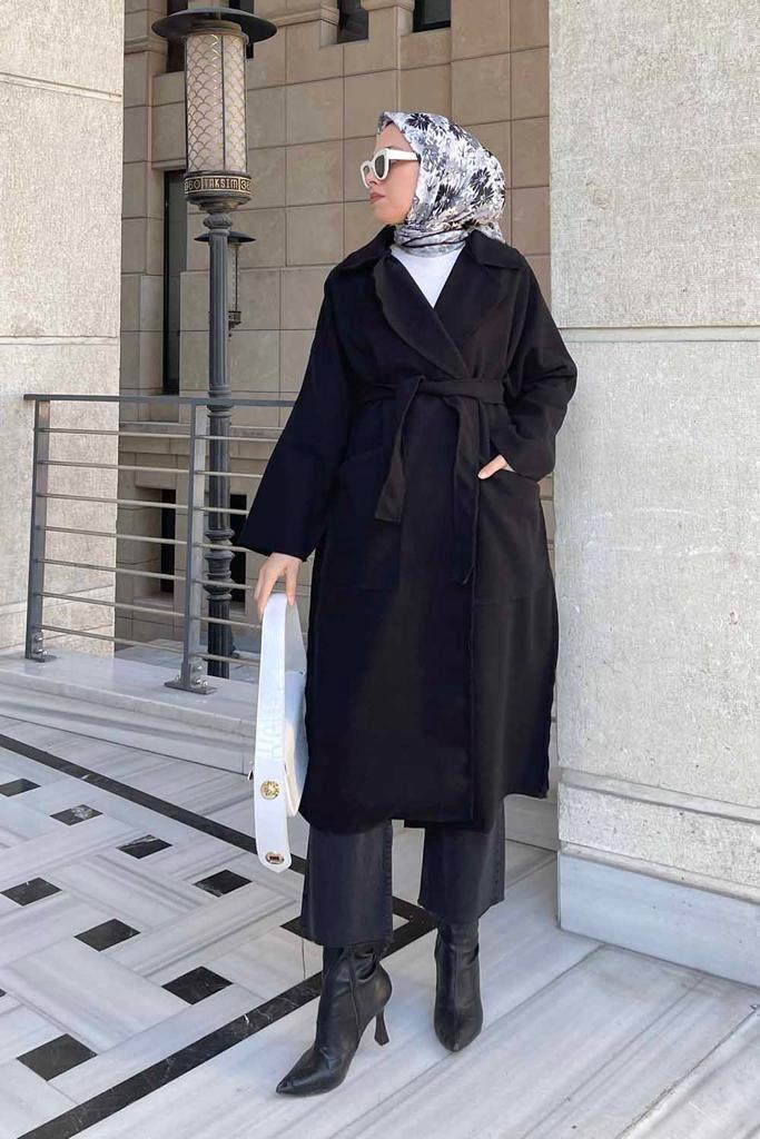 Torba Cepli Tesettür Kaşe Kaban 4006 Siyah