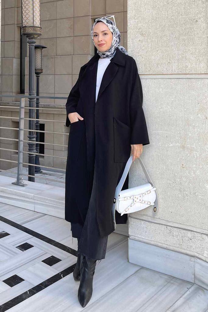 Torba Cepli Tesettür Kaşe Kaban 4006 Siyah