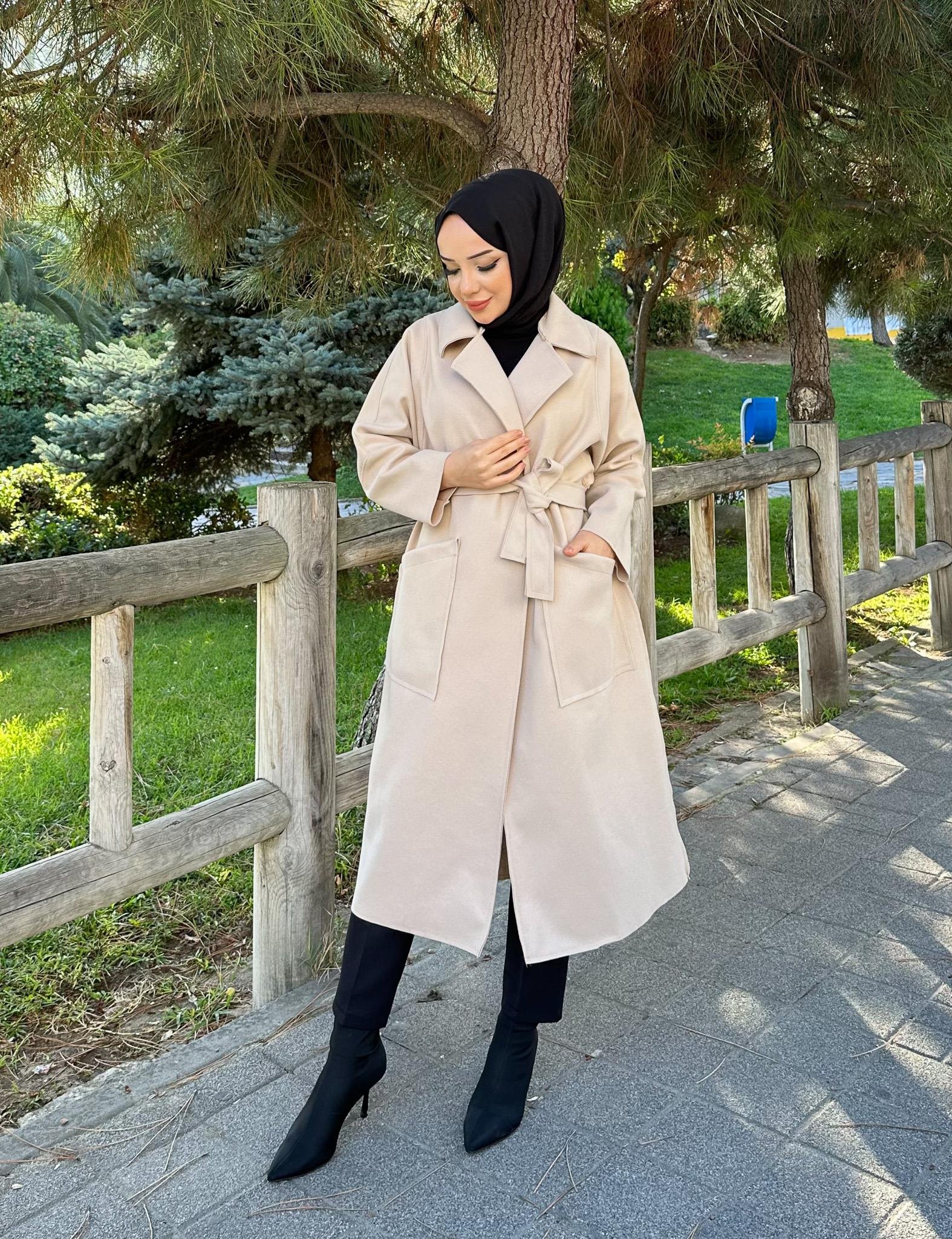 Torba Cepli Tesettür Kaşe Kaban 4006 Taş