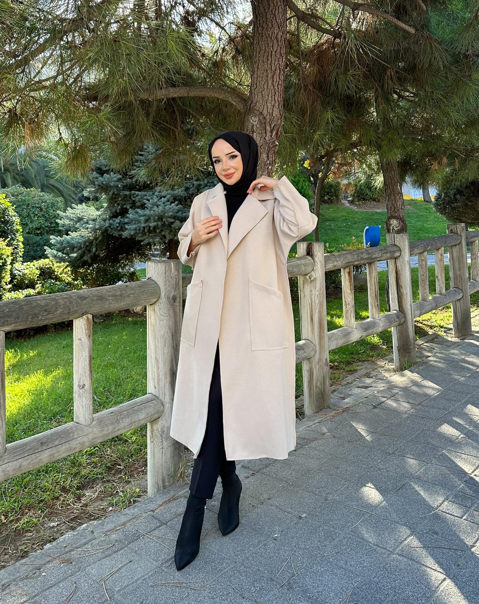 Torba Cepli Tesettür Kaşe Kaban 4006 Taş