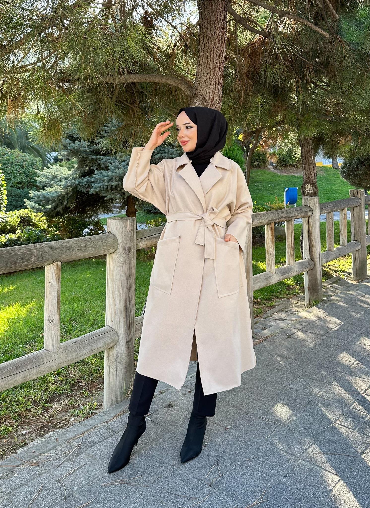 Torba Cepli Tesettür Kaşe Kaban 4006 Taş