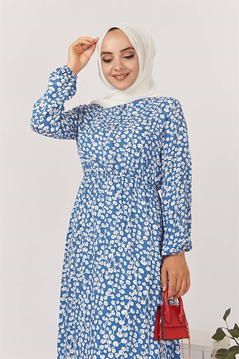Uzum Desen Tesettür Elbise BLB 8800-28 Mavi