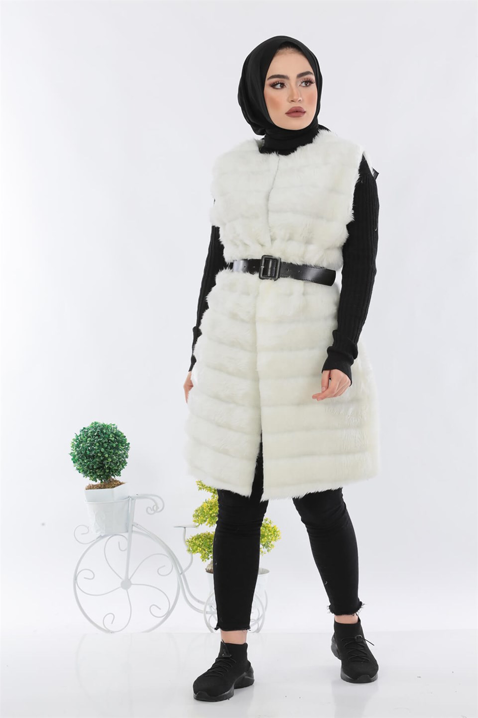 Uzun Peluş Yelek 5984 Beyaz