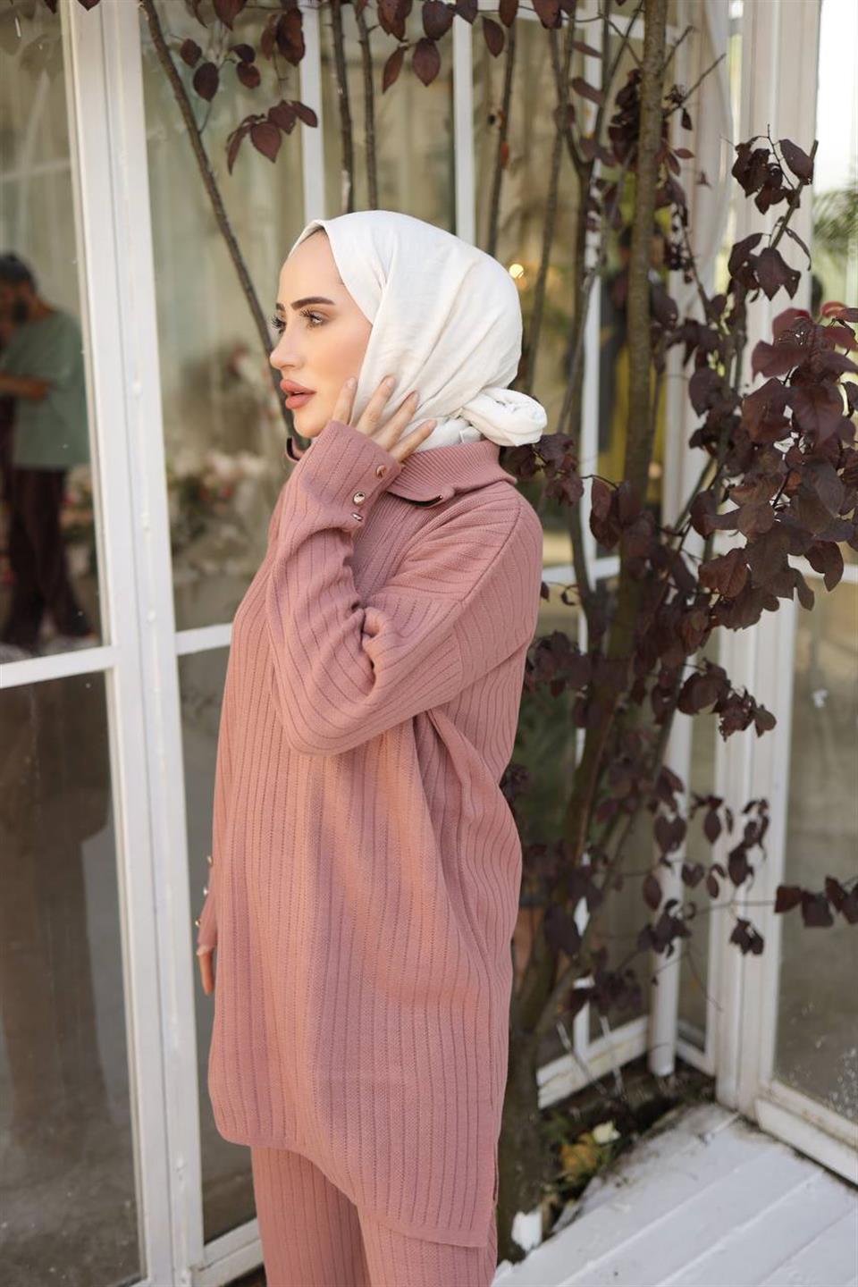 Yakası Fermuarlı Tesettür Triko 2'li Takım 3002 Gül Kurusu