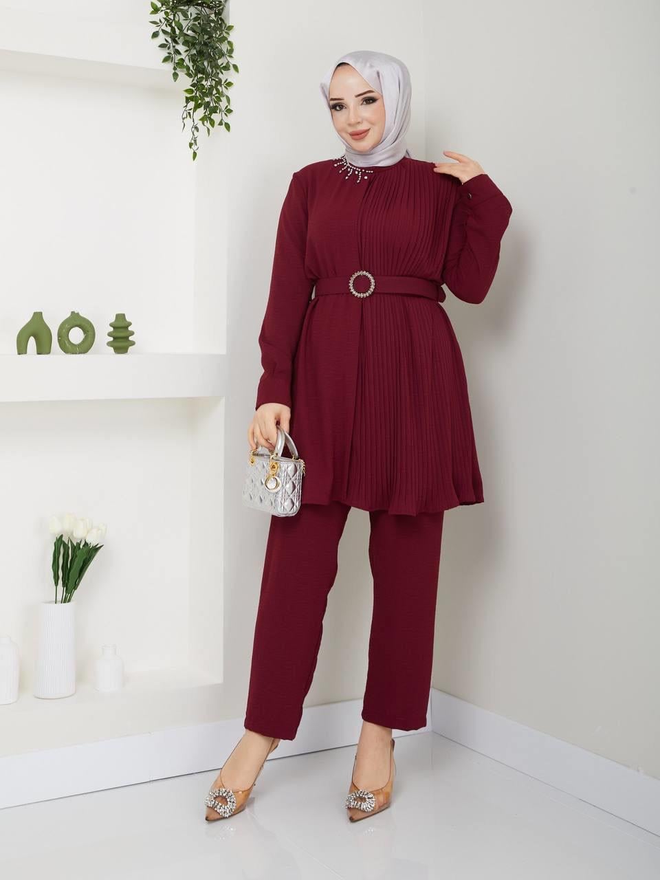 Yakası Taşlı Piliseli Tunik Pantolon Tesettür Kombin 5036 Bordo