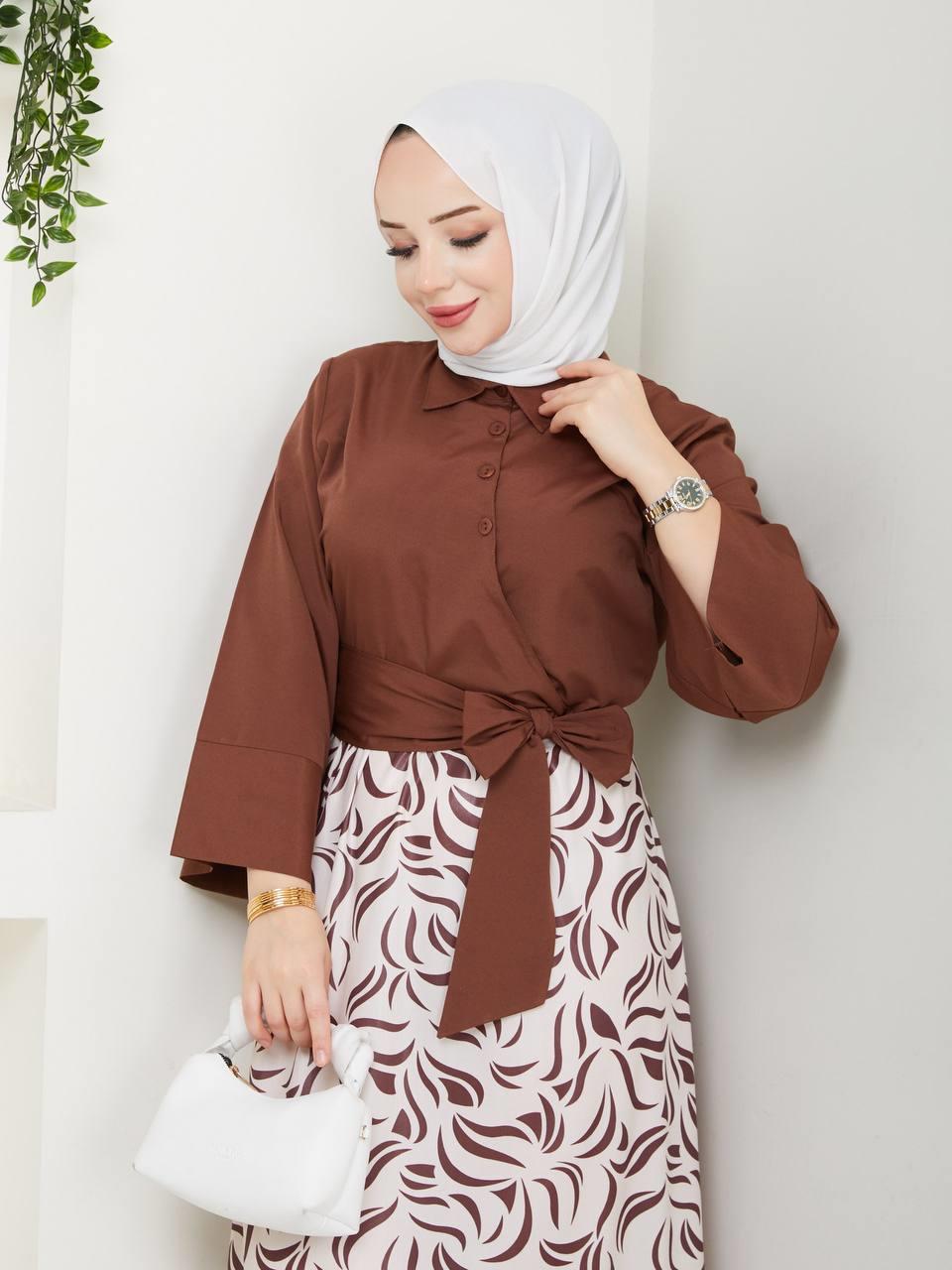 Yandan Bağlamalı Tunik Desenli Etek Takım 2279 Taba