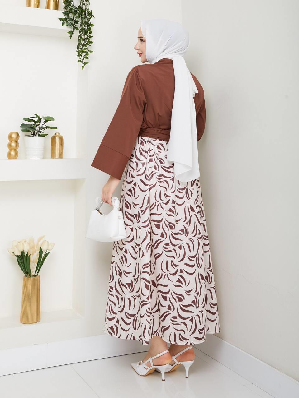 Yandan Bağlamalı Tunik Desenli Etek Takım 2279 Taba