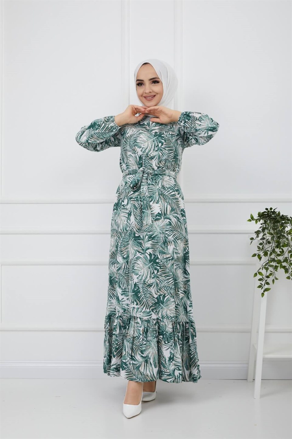Yaprak Desen Kuşaklı Tesettür Elbise 10265 Yeşil