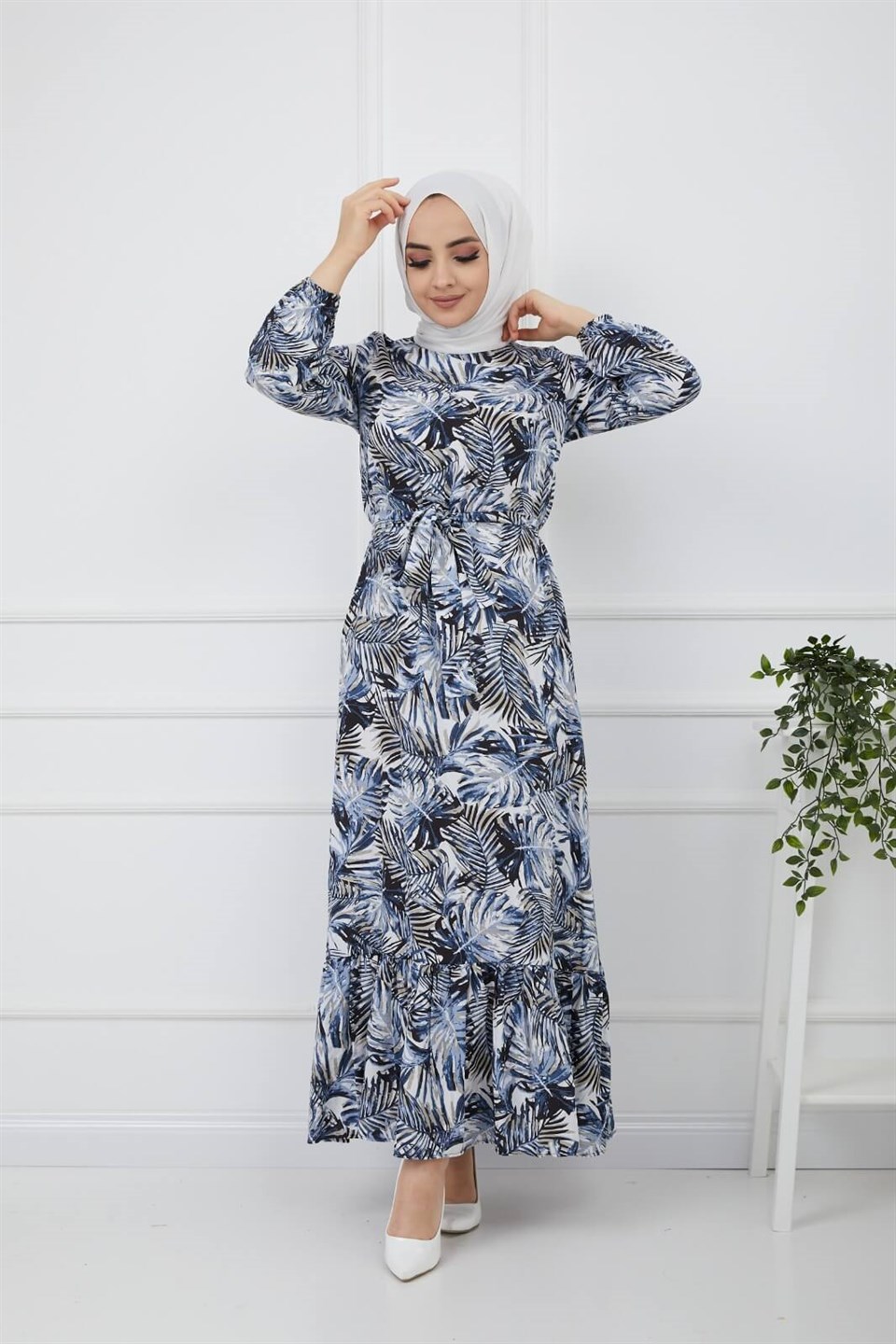 Yaprak Desen Kuşaklı Tesettür Elbise 10265 Mavi