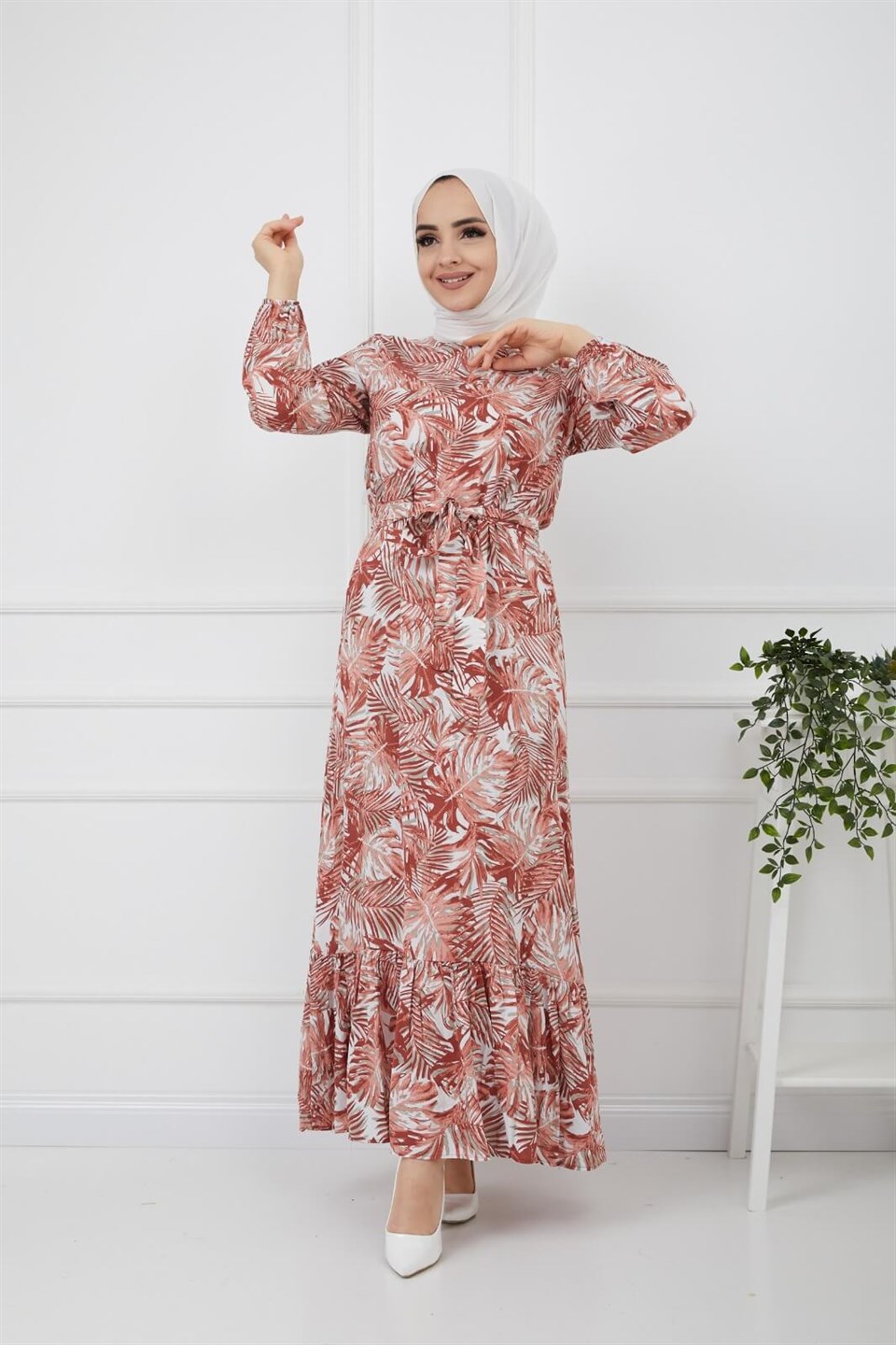 Yaprak Desen Kuşaklı Tesettür Elbise 10265 Kiremit