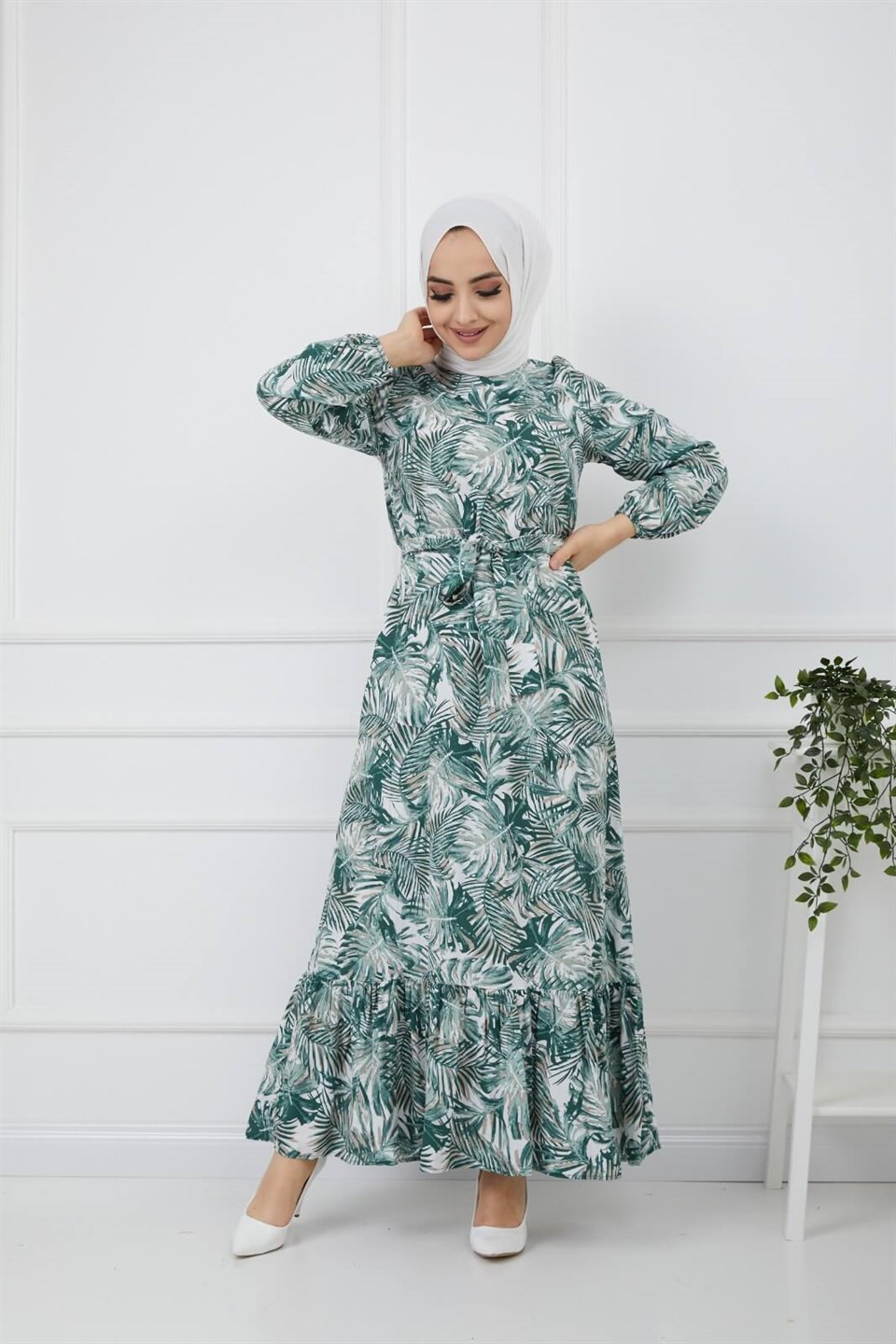 Yaprak Desen Kuşaklı Tesettür Elbise 10265 Yeşil