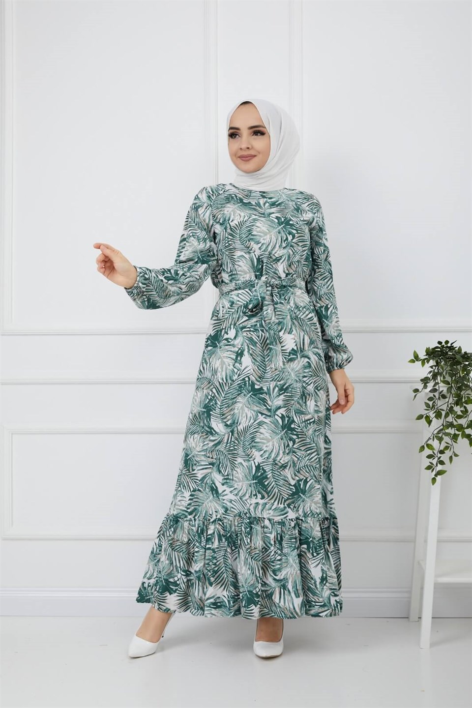 Yaprak Desen Kuşaklı Tesettür Elbise 10265 Yeşil