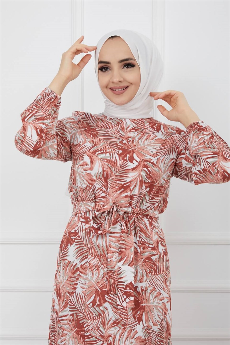 Yaprak Desen Kuşaklı Tesettür Elbise 10265 Kiremit