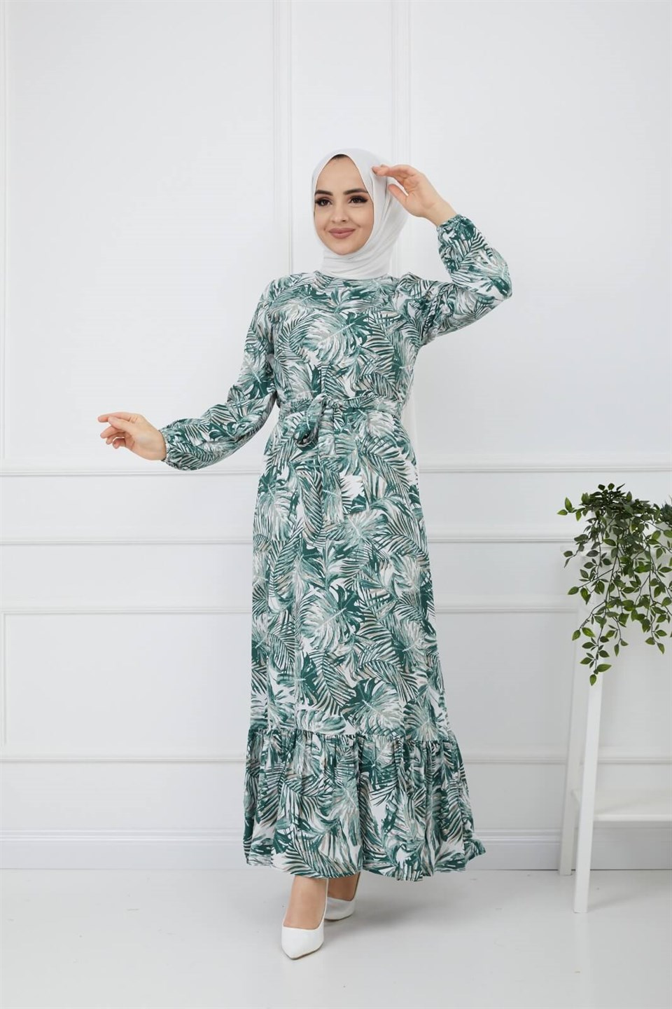 Yaprak Desen Kuşaklı Tesettür Elbise 10265 Yeşil