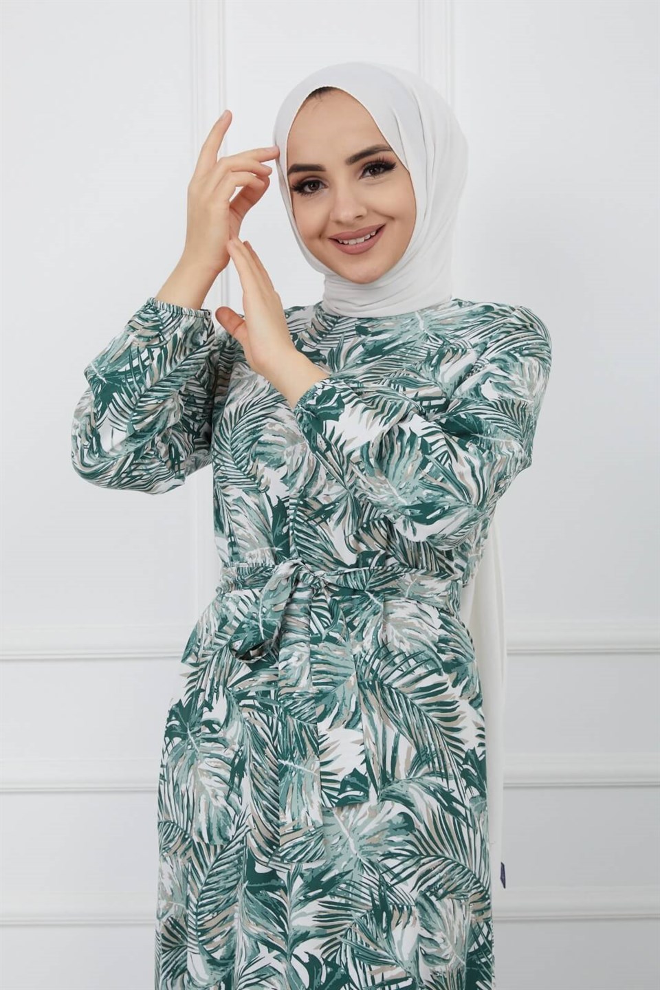 Yaprak Desen Kuşaklı Tesettür Elbise 10265 Yeşil