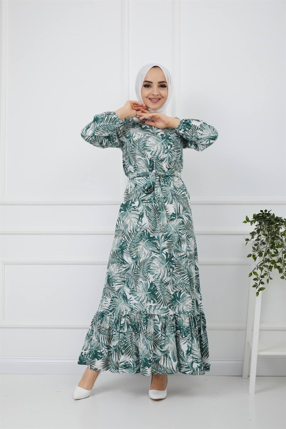 Yaprak Desen Kuşaklı Tesettür Elbise 10265 Yeşil