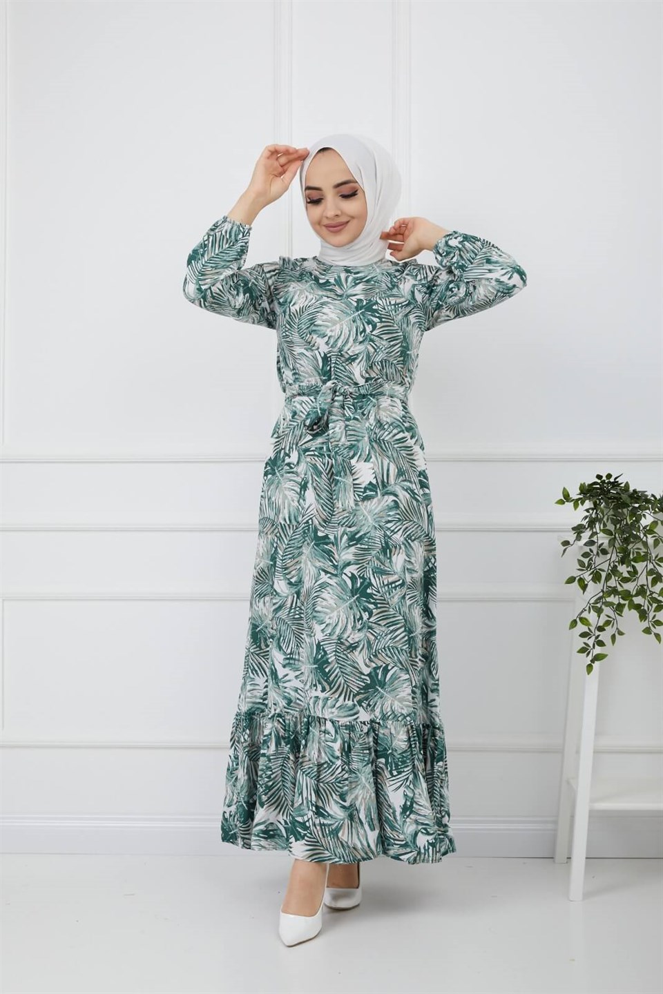 Yaprak Desen Kuşaklı Tesettür Elbise 10265 Yeşil