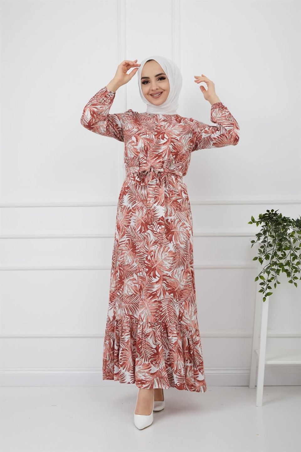 Yaprak Desen Kuşaklı Tesettür Elbise 10265 Kiremit