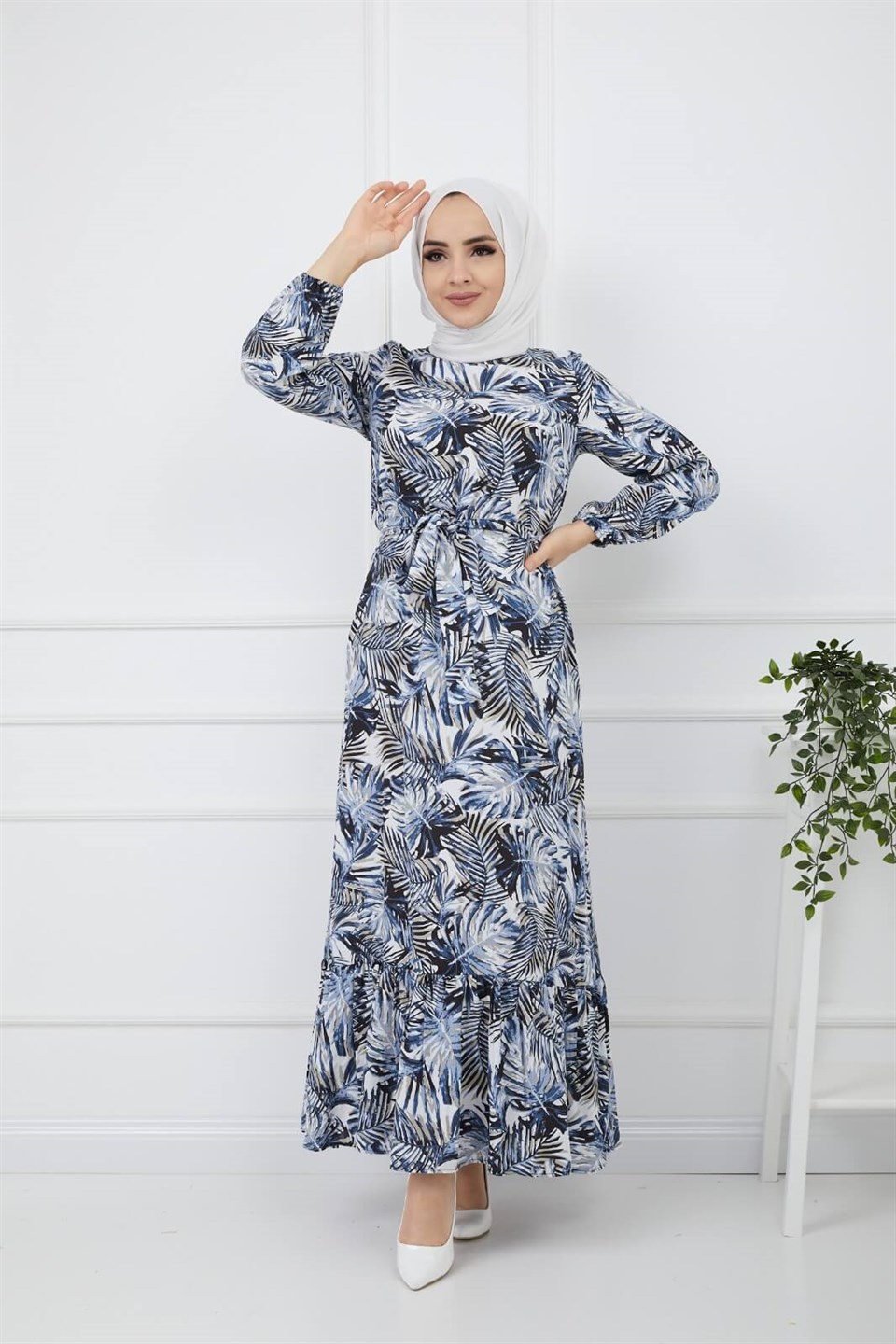 Yaprak Desen Kuşaklı Tesettür Elbise 10265 Mavi